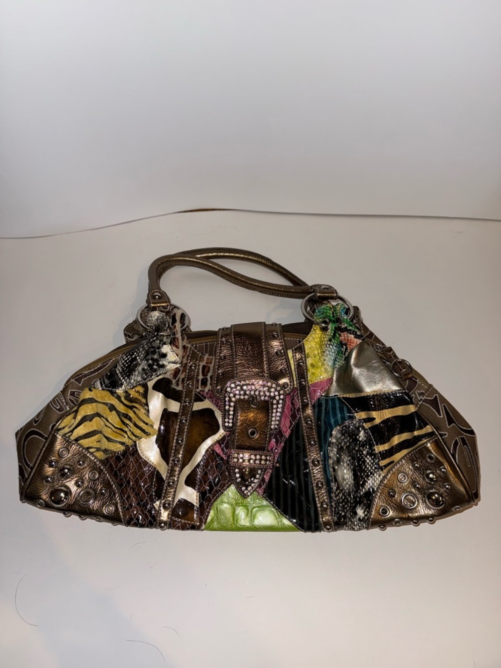 Multicolor Patchwork Shoulder Bag with Metallic Accents